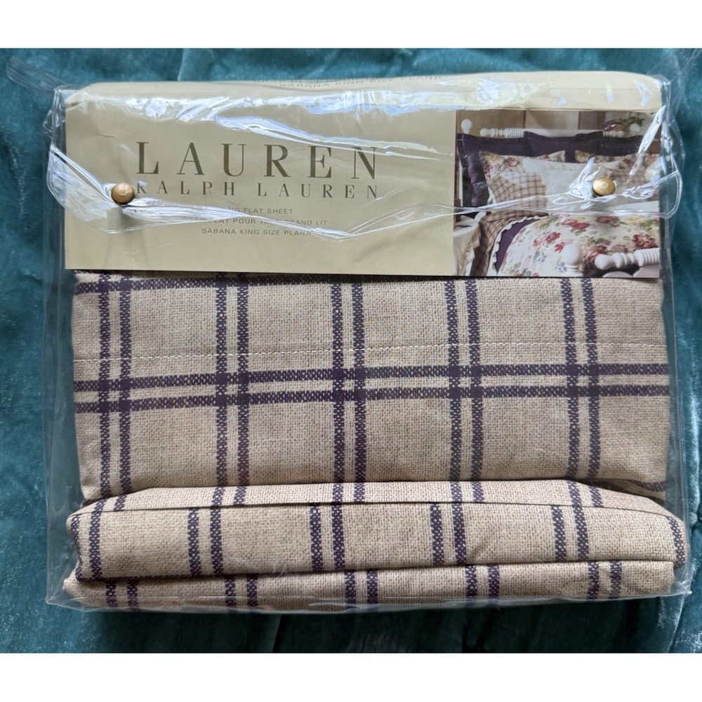 Rare *NEW RALPH Lauren *KING FLAT SHEET Tattersal SURREY GARDEN Purple Tan